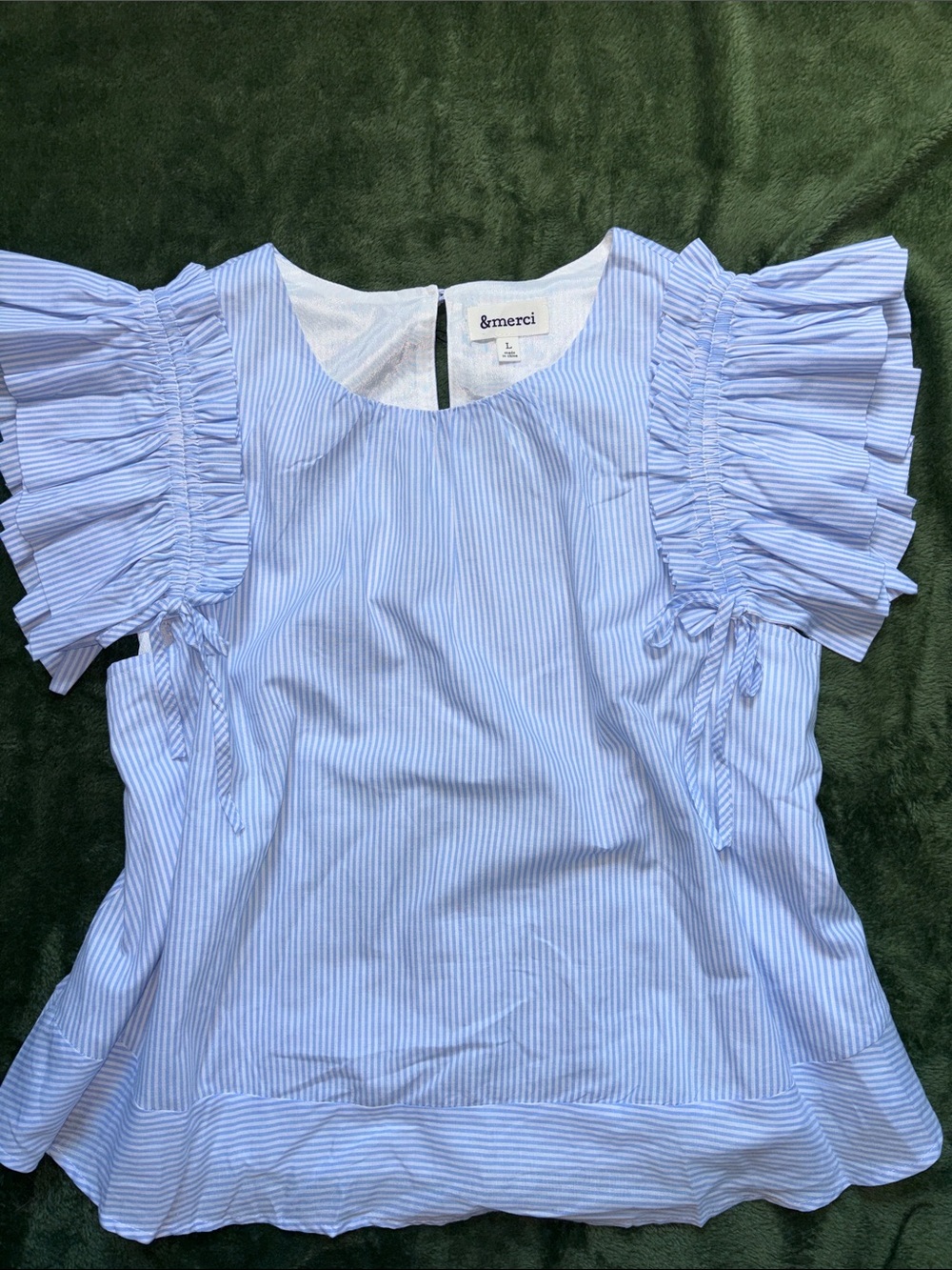 Light Blue Pinstripe Ruffle Sleeve Cotton Top